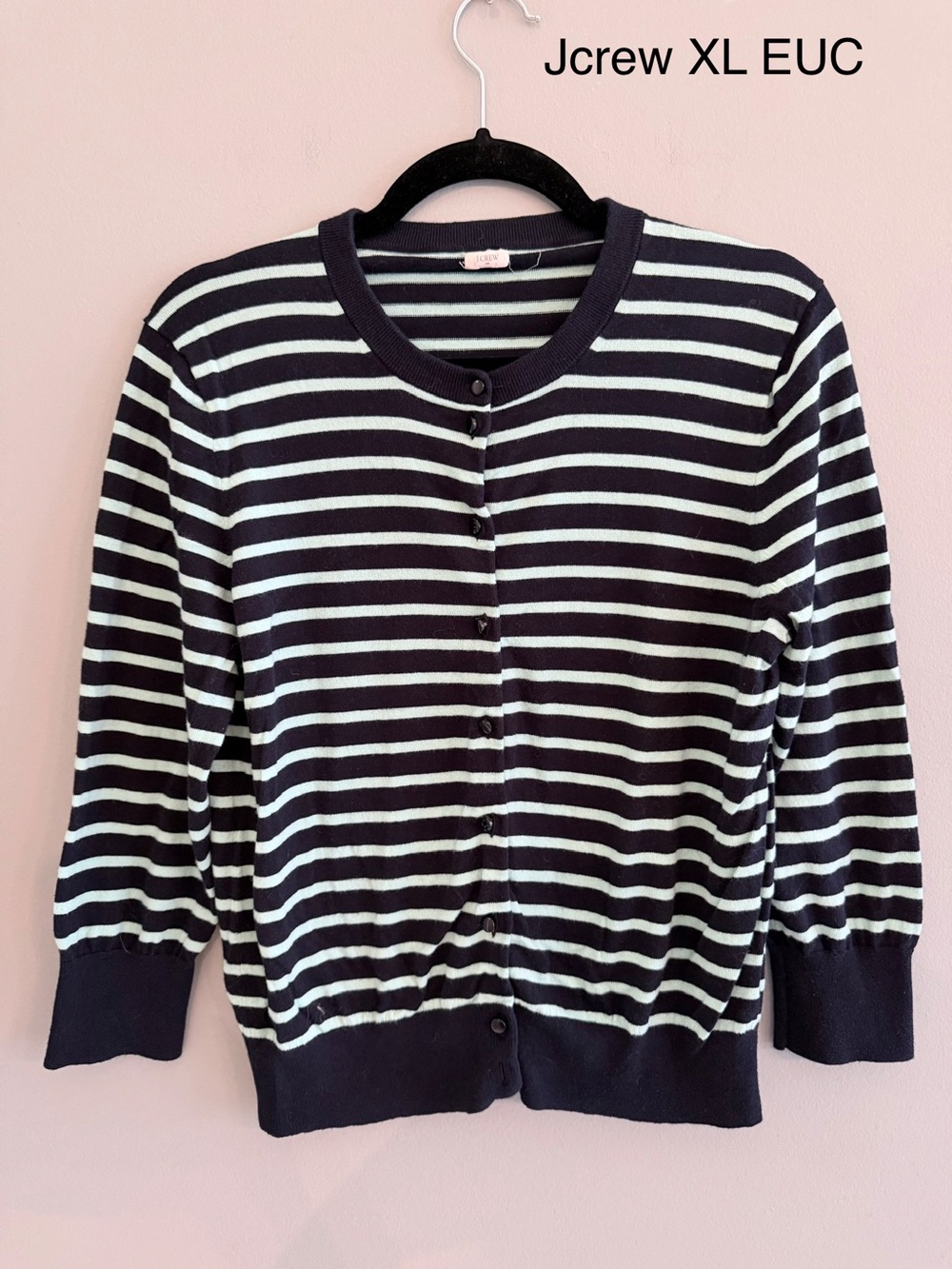 J. Crew Striped Crewneck Cardigan - Navy and Mint